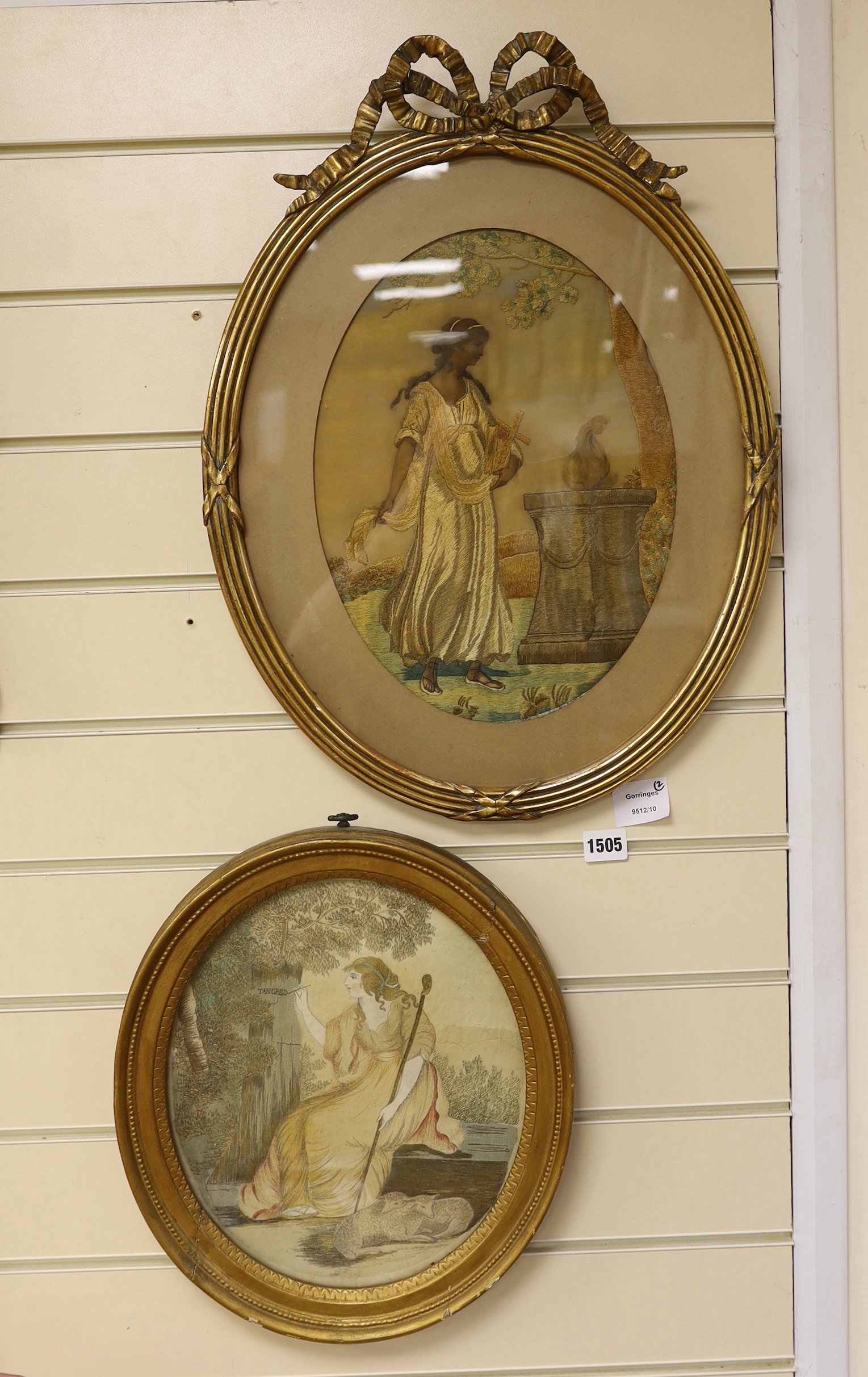 Two gilt framed oval Regency silk figural embroideries, largest 33cm high, not including mount or frame